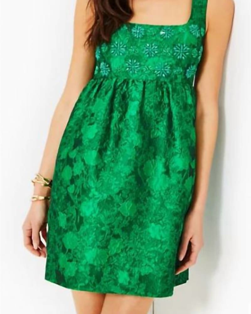Front of a model wearing a size 12 Bellami Embellished Floral Jacquard Dress In Kelly Green Leaf An Impression Jacquard in Kelly Green Leaf An Impression Jacquard by Lilly Pulitzer. | dia_product_style_image_id:346723